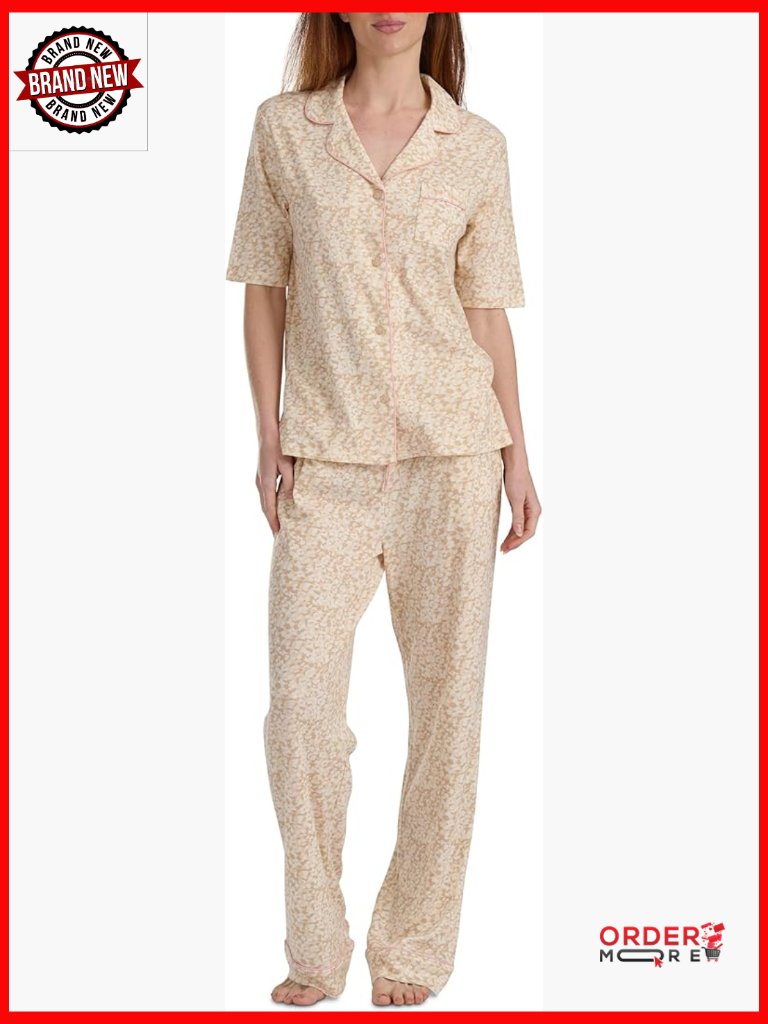 Cotton Interlock Notch Collar Elbow Sleeve Top & Pant Pajama Set-Petite X-Large